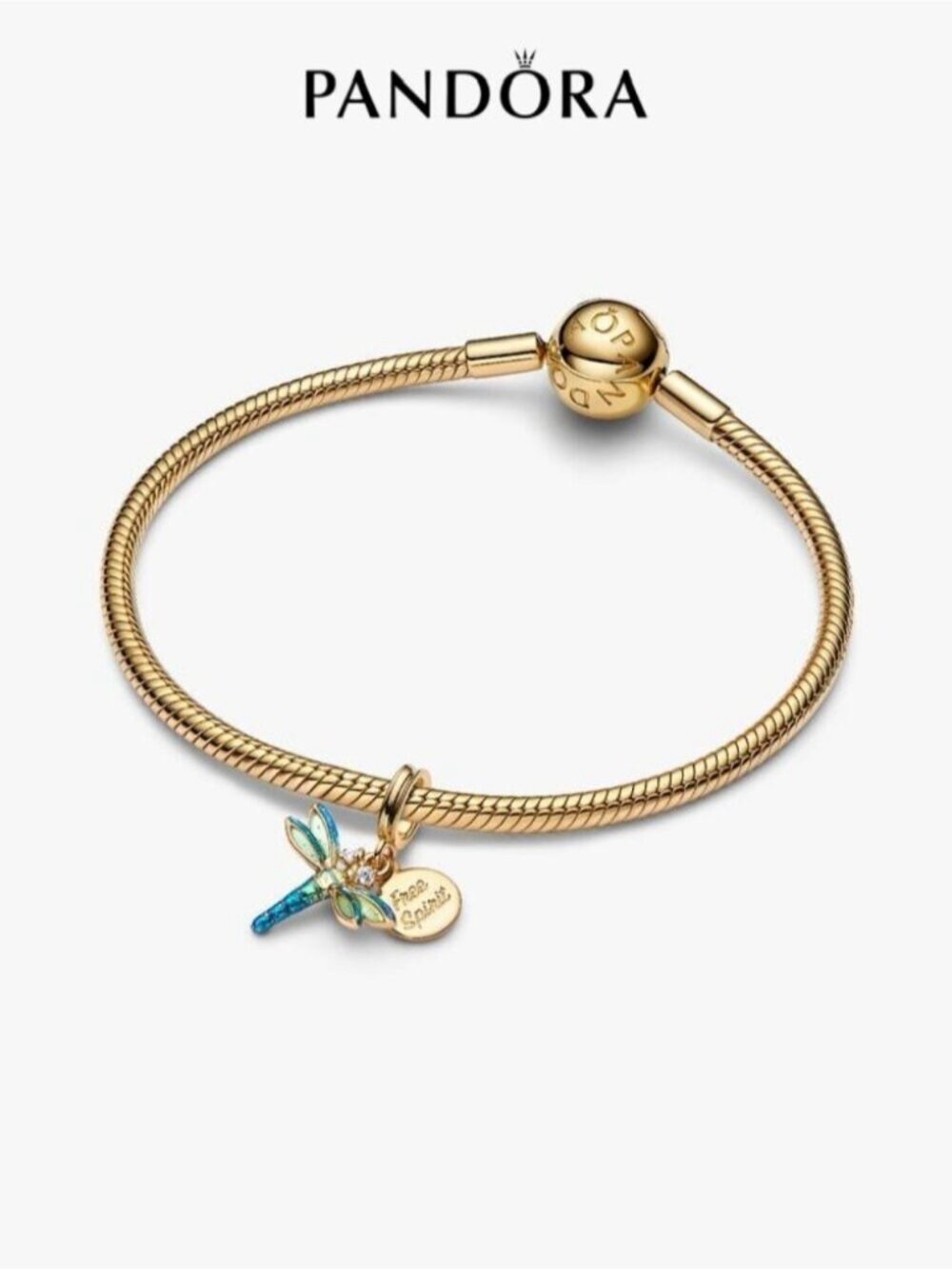 Pandora Gold Bracelet with Blue and Green Dragonfly Charm